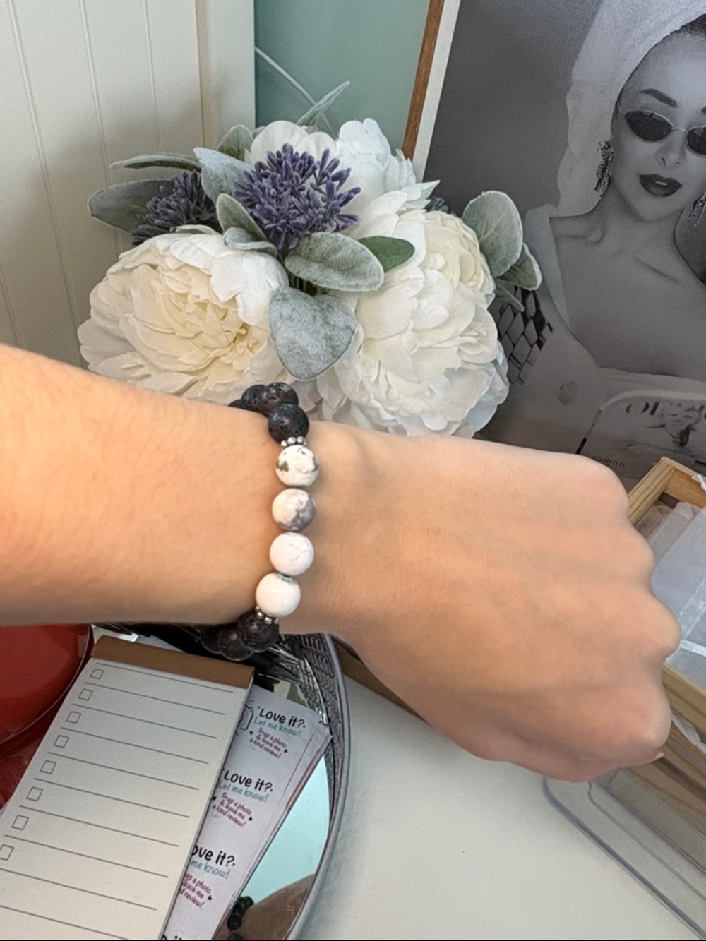 Black and White Beaded Stone Bracelet (some paint on it - discount price)